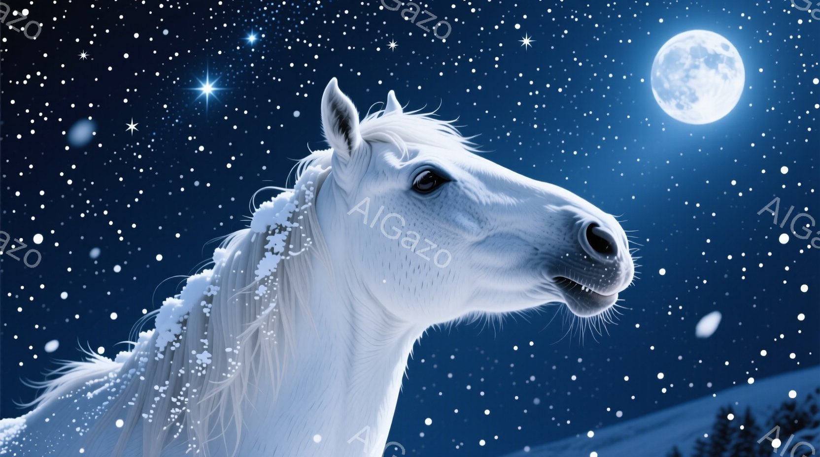 白い馬が雪の降る夜に描かれている。馬の首筋には雪が積もり、その表情は穏やかでどこか神秘的だ。背景には満月と星が輝き、雪に覆われた丘と暗い森が広がり、幻想的な冬の夜の雰囲気を醸し出している。 - AI生成フリー素材