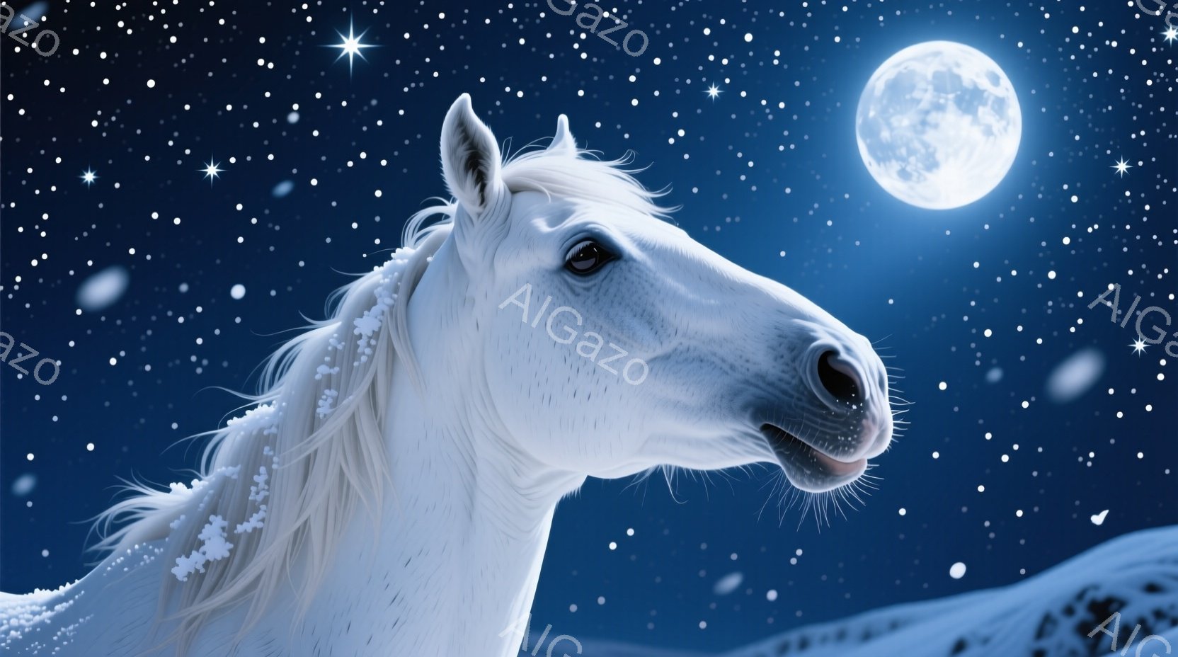 白馬が夜空に輝く月の下、雪の滑りをしながら夜間の風景を見つめる。寒意のあまり口を合わせた表情で、翼のように長い髪が美しく散らばっている。