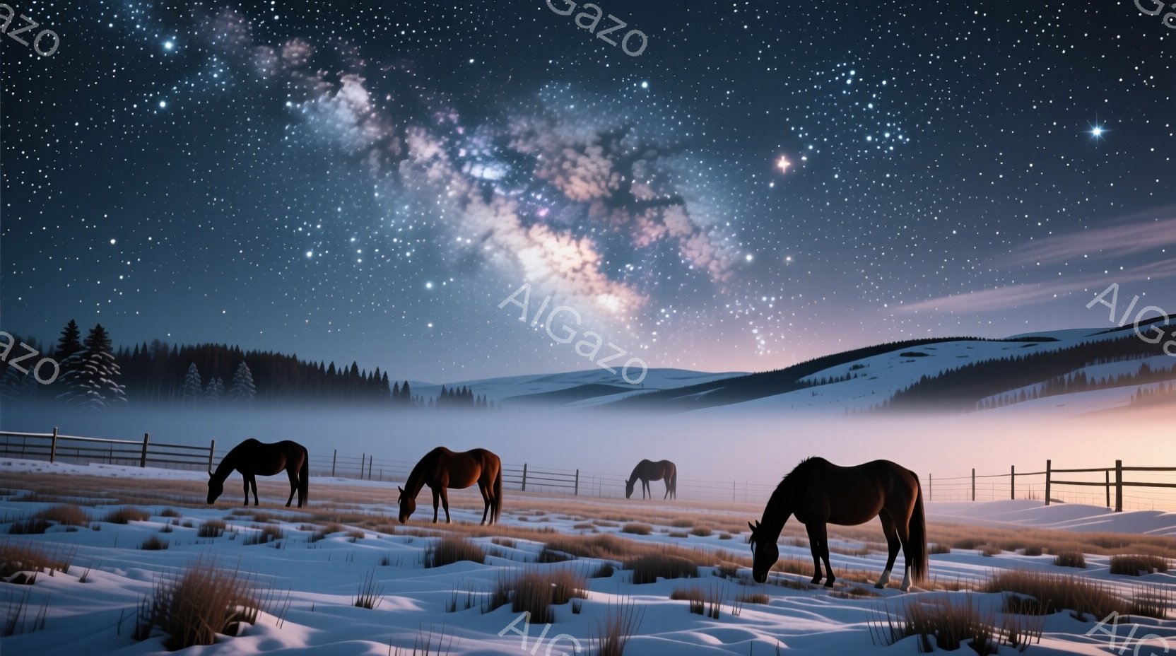 雪に覆われた牧草地で、三頭の馬が静かに草を食んでいる。背景には雪をまとった丘陵と遠くの山々が連なり、夜空には幻想的な天の川が広がっている。冷たい空気と静寂が感じられ、神秘的で美しい冬の風景が広がってい - AI生成フリー素材