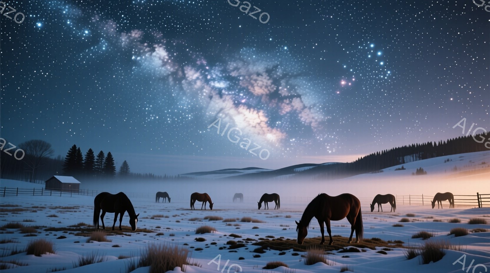 雪に覆われた広大な牧草地で、数頭の馬が草を食んでいる。背景には木々が生い茂り、遠くには小さな小屋が見える。夜空には天の川が広がり、幻想的な雰囲気を醸し出している。