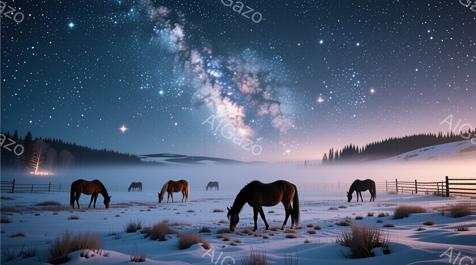 雪に覆われた野原で、数頭の馬が静かに草を食んでいる。夜空にはミルキーウェイが輝き、遠くには木々に覆われた丘陵が薄暗く見える。全体的に静寂で幻想的な雰囲気が漂い、冬の夜の美しさを表現している。 - AI生成フリー素材