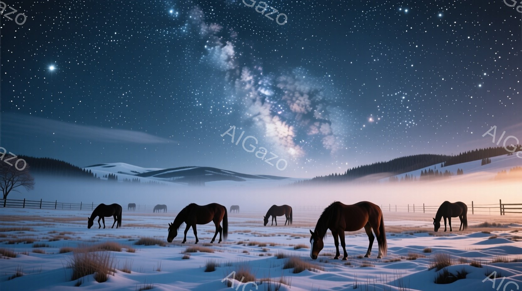 雪に覆われた草原で、数頭の馬が草を食んでいる様子が描かれています。遠景には雪をまとった丘陵と森林が広がり、夜空には壮大な天の川が輝き、幻想的な雰囲気を醸し出しています。馬たちは静かに草を食み、夜の静寂 - AI生成フリー素材