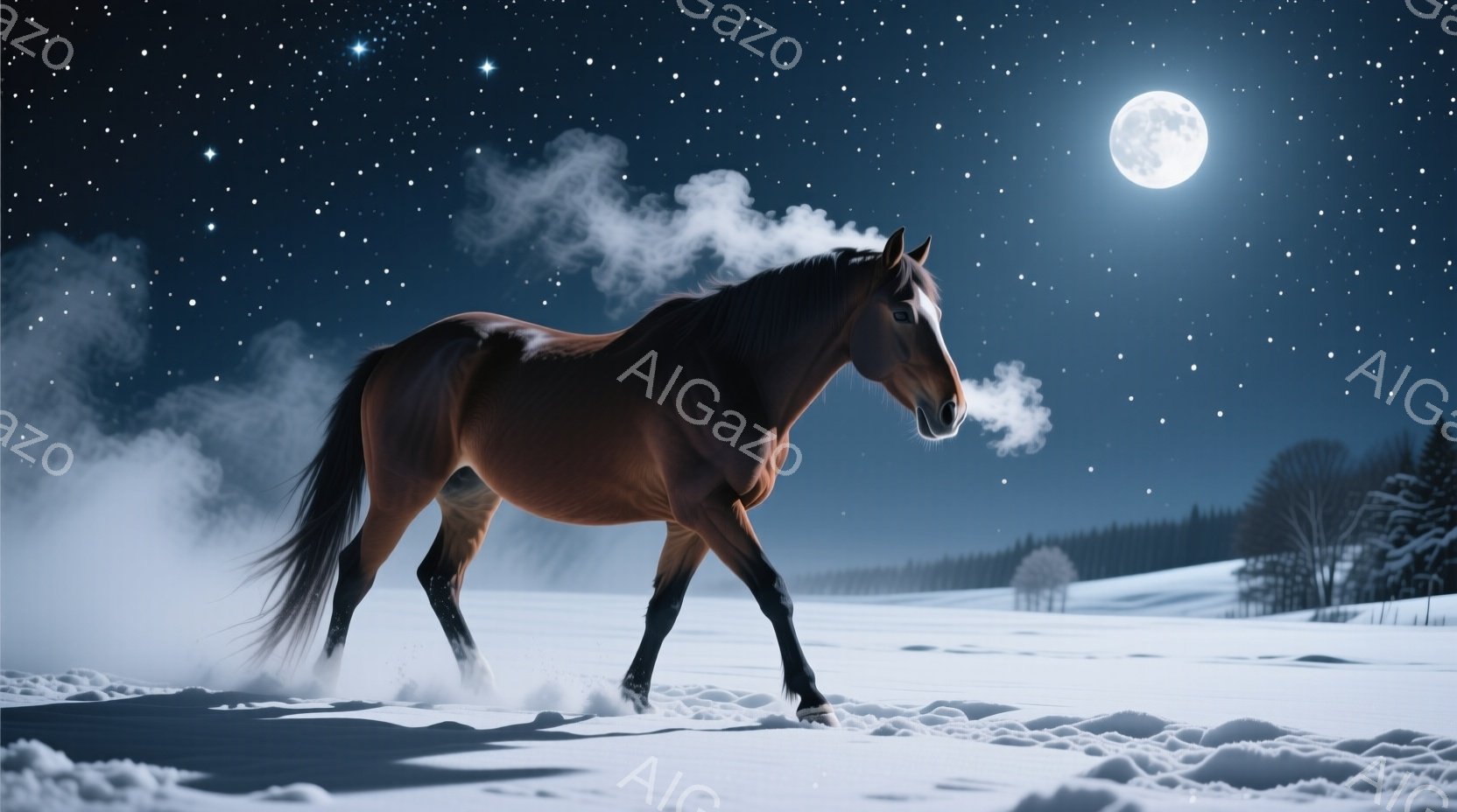 深く雪が降り積もった夜の風景の中に、茶色の馬が力強く駆けている。馬の息は白い蒸気となり、冷たい夜空に舞い上がる。背景には暗い森と、明るく輝く満月、そしてきらめく星空が広がり、静寂で幻想的な雰囲気を醸し - AI生成フリー素材