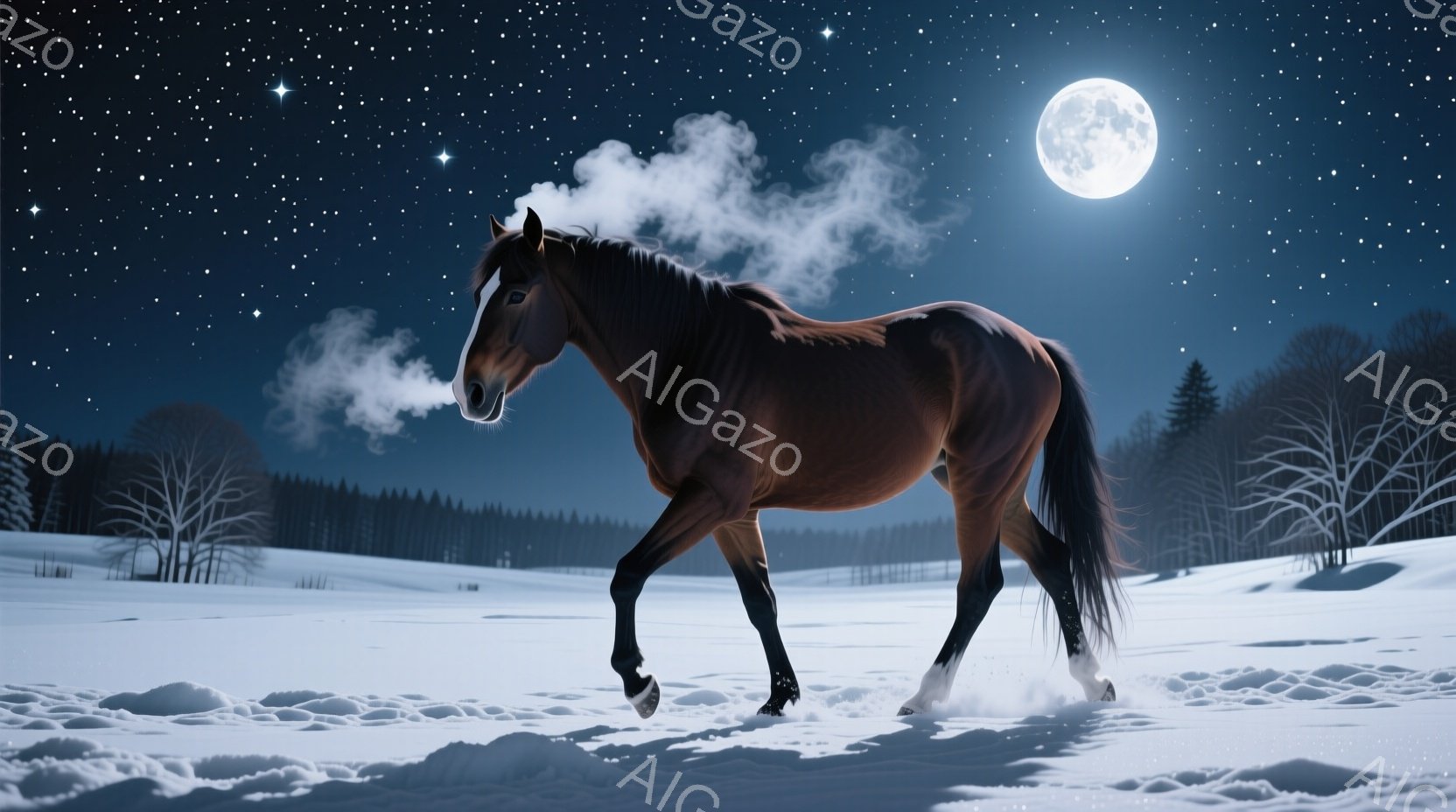 雪景色の中を、毛並みの美しい栗色の馬が歩を進めている。馬の息は冷たい空気の中で白く立ち込め、冬の寒さを強調している。背景には針葉樹林が広がり、満月と星空が幻想的な雰囲気を醸し出している。
