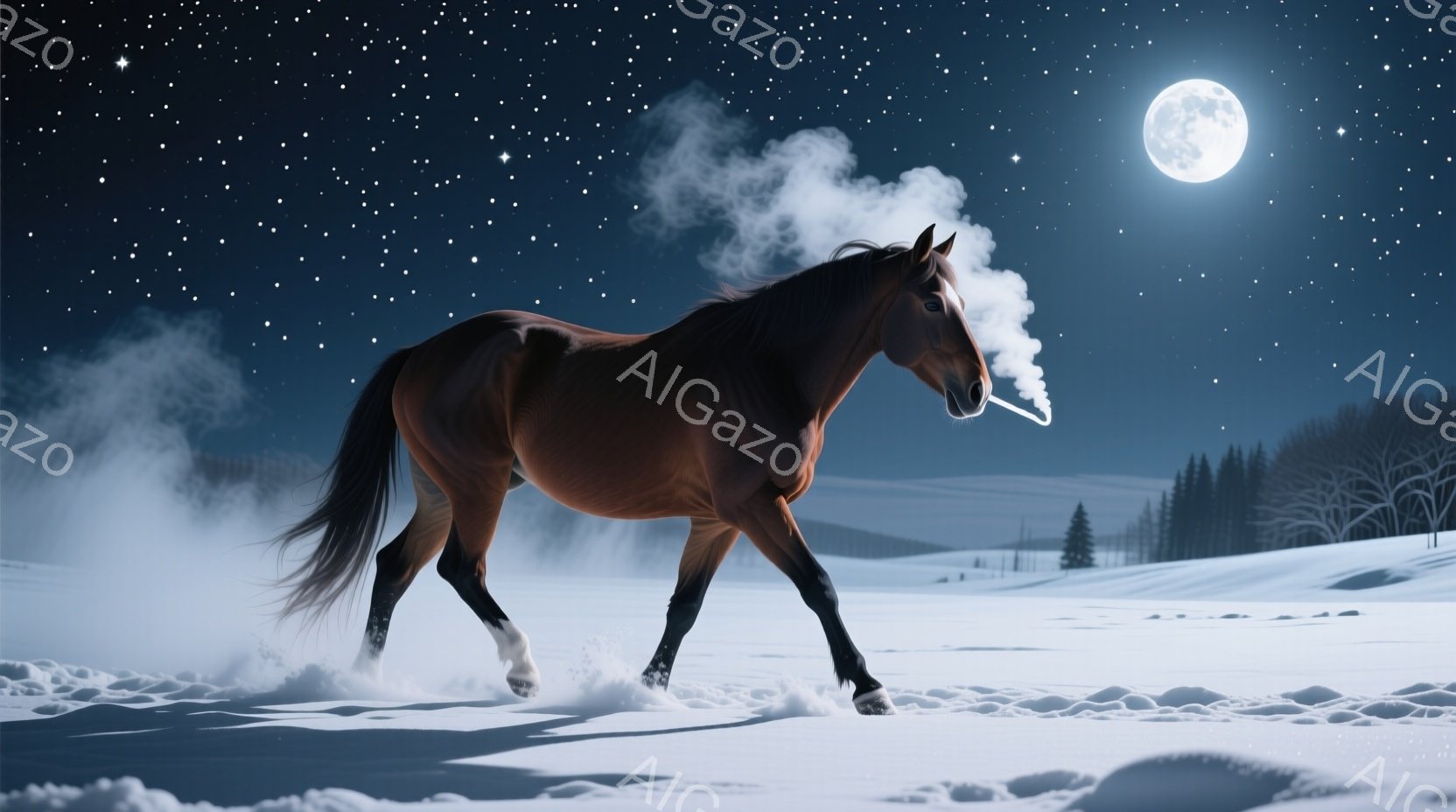 深い雪の中を走る栗色の馬が描かれています。馬の息は冷たい空気の中で白く立ち上り、力強く前進する姿が印象的です。背景には、雪に覆われた丘と暗い木立、そして明るい満月が輝き、静寂で幻想的な冬の夜の雰囲気を醸し出しています。