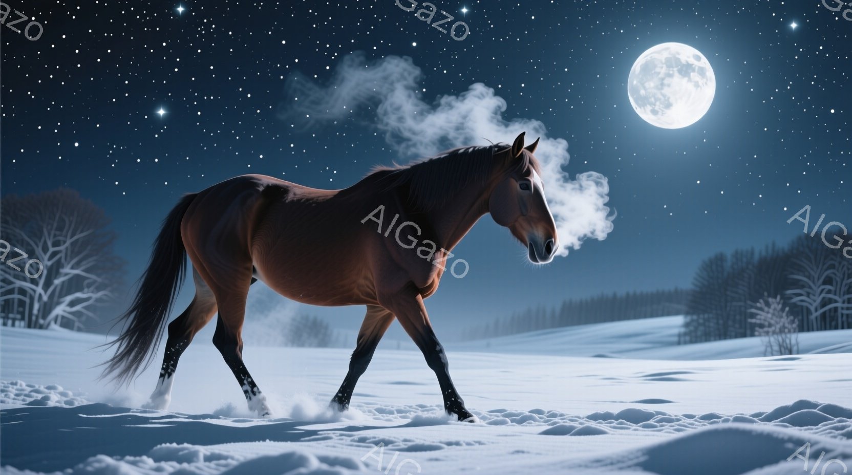 深い雪に覆われた野原を、茶色の馬が力強く駆けている。馬の鼻からは白い息が立ち上り、冷たい夜の空気と暖かな命の対比を表現している。背景には暗い森が広がり、満月と星空が幻想的な雰囲気を醸し出している。 - AI生成フリー素材