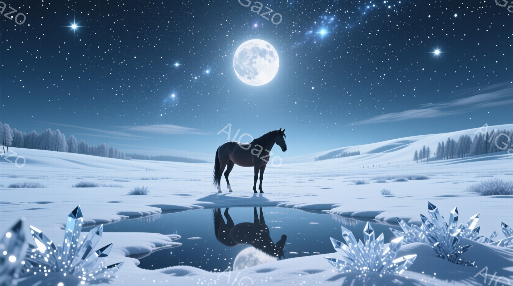 凍てつく雪原に、一頭の茶色の馬が佇んでいます。馬は小さな水たまりのそばに立ち、その姿が水面にきれいに映り込んでいます。背景には暗い森と、満月と星が輝く夜空が広がり、幻想的で静謐な雰囲気を醸し出していま - AI生成フリー素材