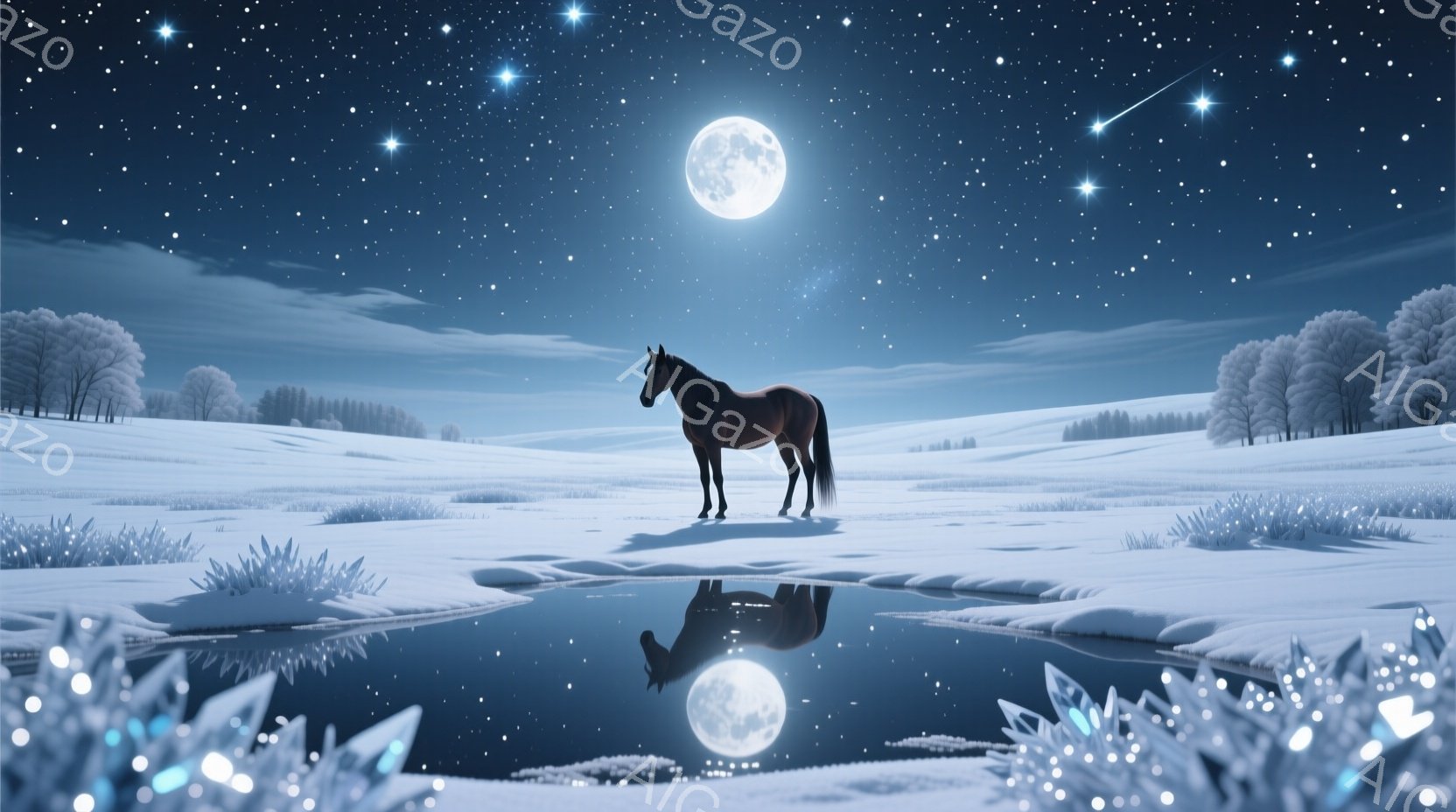 雪に覆われた夜の風景が広がっており、凍った池のほとりに茶色の馬が一匹立っている。満月が池に反射し、まるでもう一つの月が水面に浮かんでいるかのような幻想的な光景を作り出している。背景には雪に覆われた木々 - AI生成フリー素材