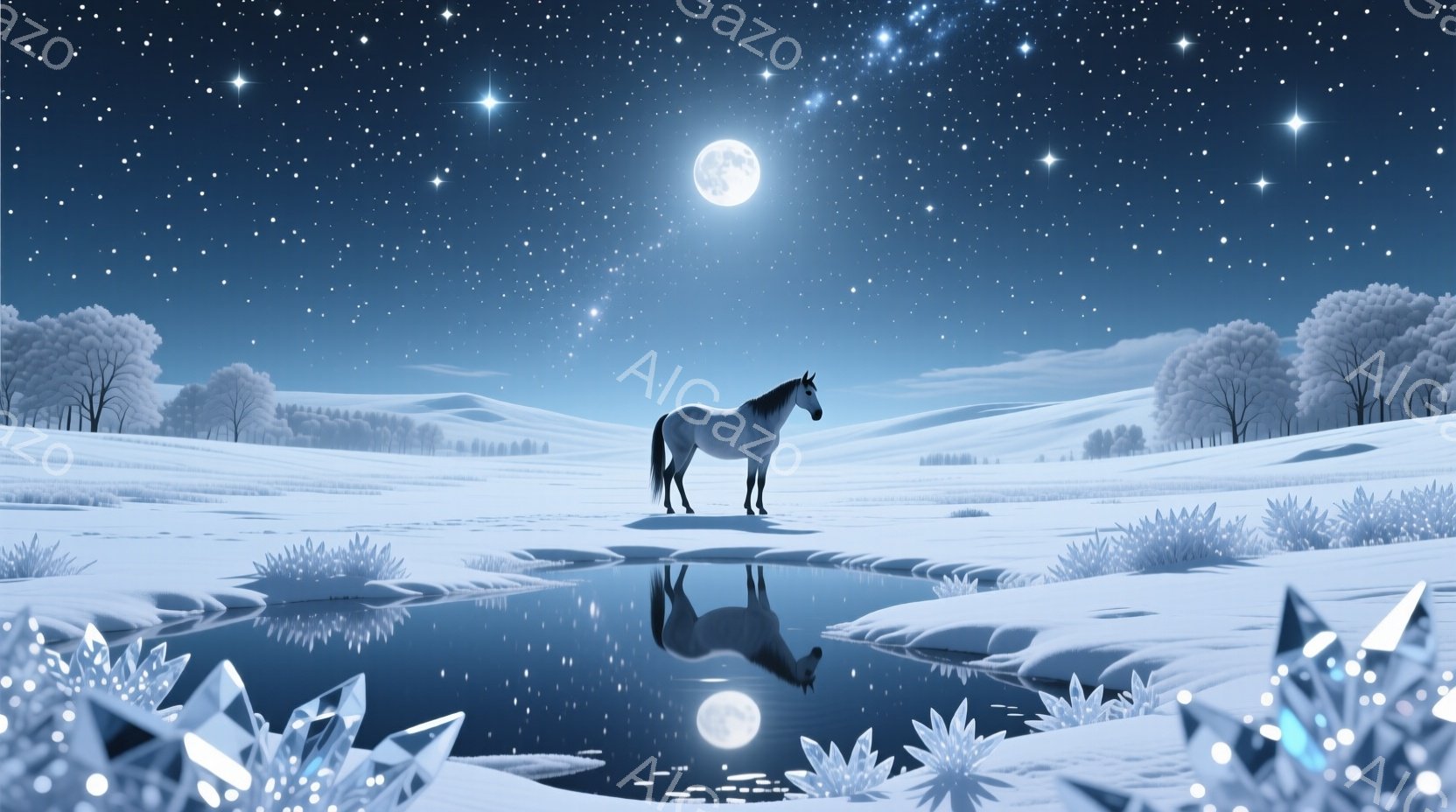 雪景色の中に白い馬が佇んでおり、凍った池にその姿が映り込んでいる。背景には雪に覆われた木々が広がり、夜空には満月と無数の星が輝いている。全体的に静寂で幻想的な雰囲気が漂い、冬の夜の美しさを表現している - AI生成フリー素材