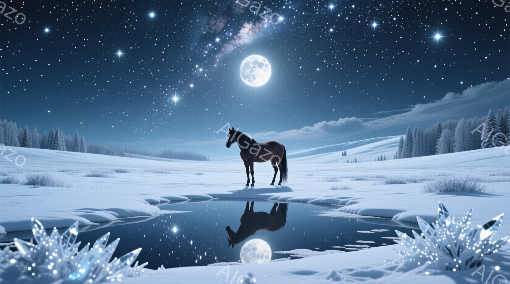 雪に覆われた夜の風景には、凍った池のそばに立つ茶色の馬が描かれています。満月と星空が池に反射し、幻想的な雰囲気を醸し出しています。背景には雪に覆われた木々が連なり、静寂と神秘的な冬の夜を表現しています - AI生成フリー素材