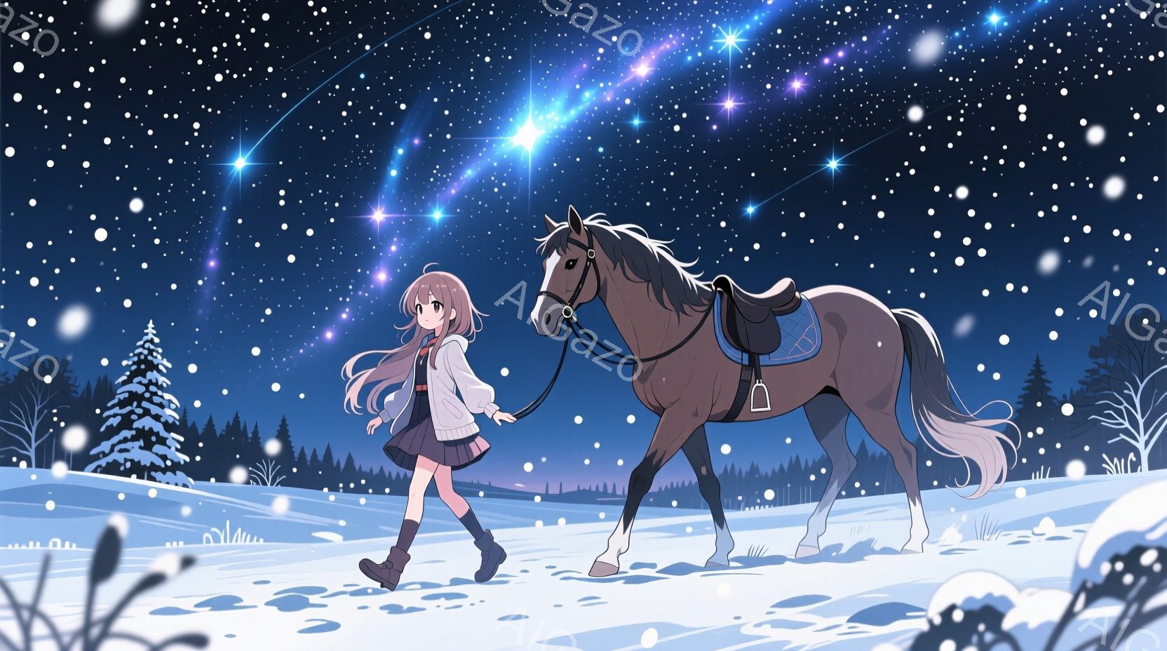 長い茶色の髪をサイドテールにした少女が、雪原を歩いている。白いセーターとチェックのスカート、黒いブーツを身につけ、少し微笑んでいるように見える。背景には雪に覆われた木々と、きらめく星空、そして彗星のような光が広がり、幻想的な冬の夜の雰囲気を醸し出している。