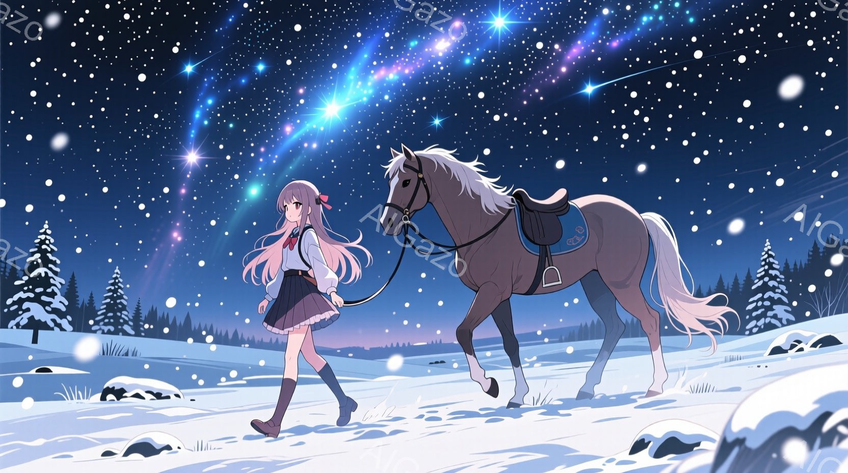 長い銀髪を靡かせた少女が、雪景色の中を歩いている。彼女は赤いリボンと白いセーター、チェックのスカートを身に着け、片手に馬の手綱を握っている。背景には雪に覆われた森林が広がり、夜空には幻想的な星空とオーロラが輝いている。