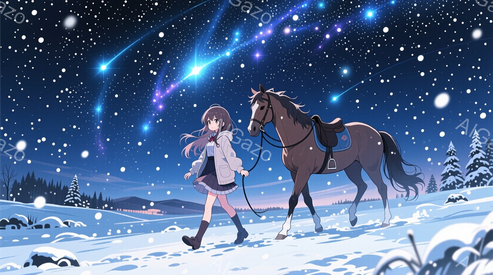 茶色の髪を揺らしながら、少女は冬の雪景色の中を歩いている。彼女は白いセーターとチェックのスカート、黒いブーツを着用し、穏やかな表情で馬のリードを引いている。背景には雪に覆われた森林と遠くに見える家々があり、夜空にはきらめく星々と流れ星が輝き、幻想的な雰囲気を醸し出している。