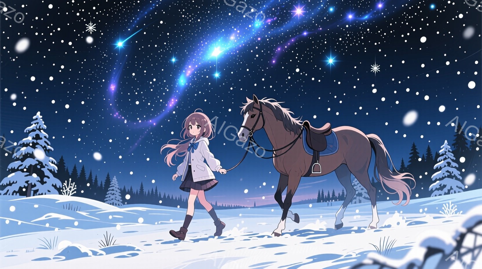 雪景色の中に、少女と馬が歩いている様子が描かれています。少女は白いセーラーコートとチェックのスカート、ブーツを履いており、長い茶色の髪を風になびかせながら、穏やかな表情で馬のリードを引いています。背景 - AI生成フリー素材