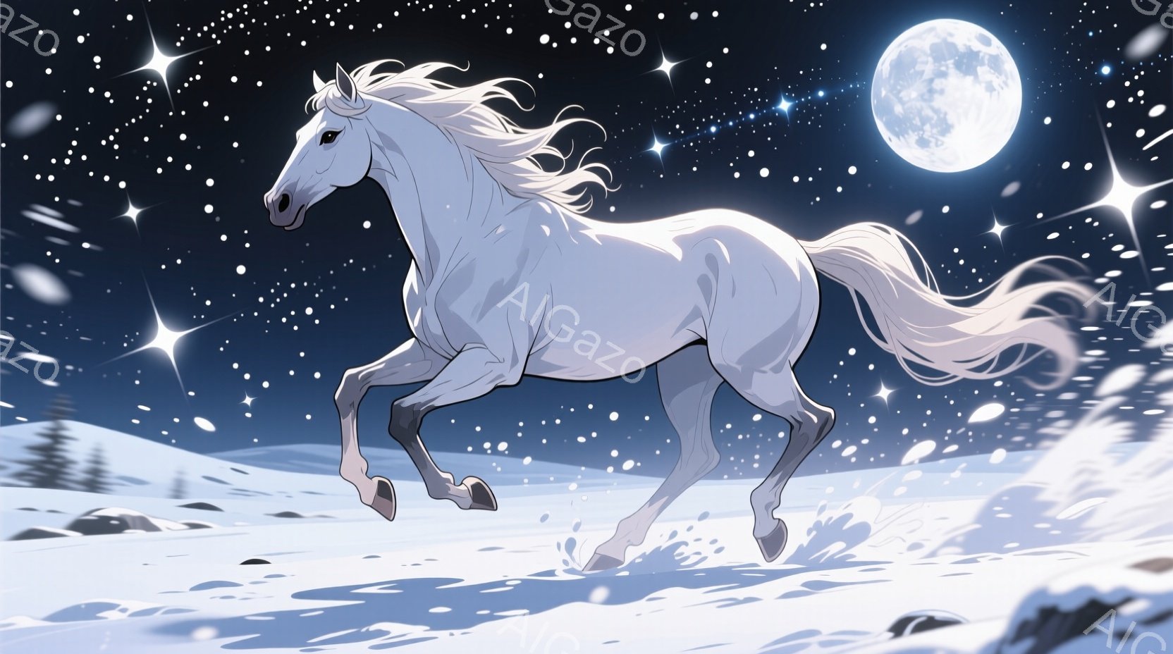 白い馬が雪原を力強く駆け抜けている姿が描かれている。満月が輝き、雪が舞い、背景には遠くに見える山のシルエットがぼんやりと見える。馬のたてがみと尾は風になびき、夜の静寂と馬の躍動感が伝わってくる。 - AI生成フリー素材