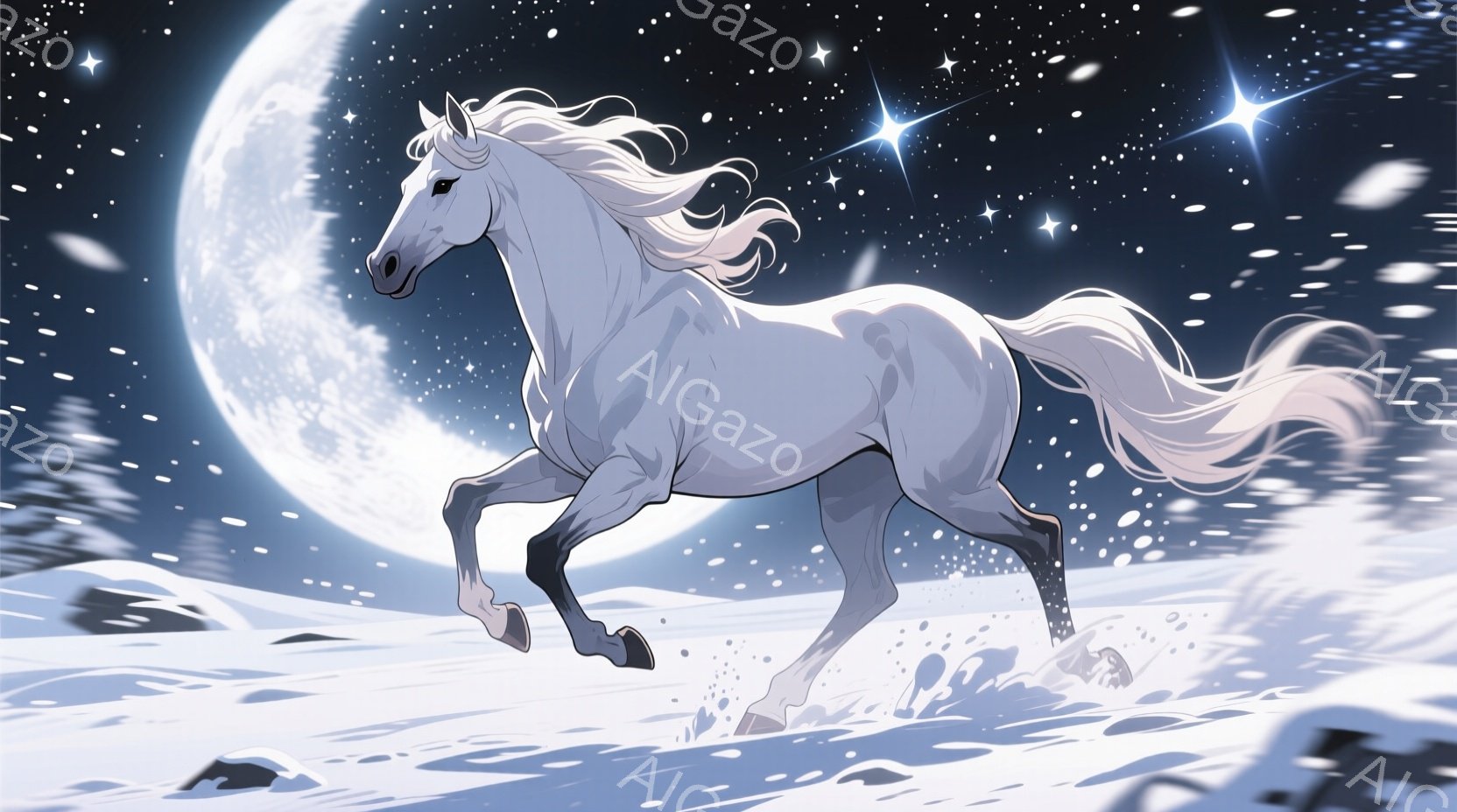 白い馬が雪景色の中を力強く駆けている姿が描かれている。満月が背景に輝き、雪原には馬の蹄の跡と舞い上がる雪が散りばめられ、幻想的な雰囲気を醸し出している。馬のたてがみと尾は風になびき、冬の夜空に星が煌めいている。
