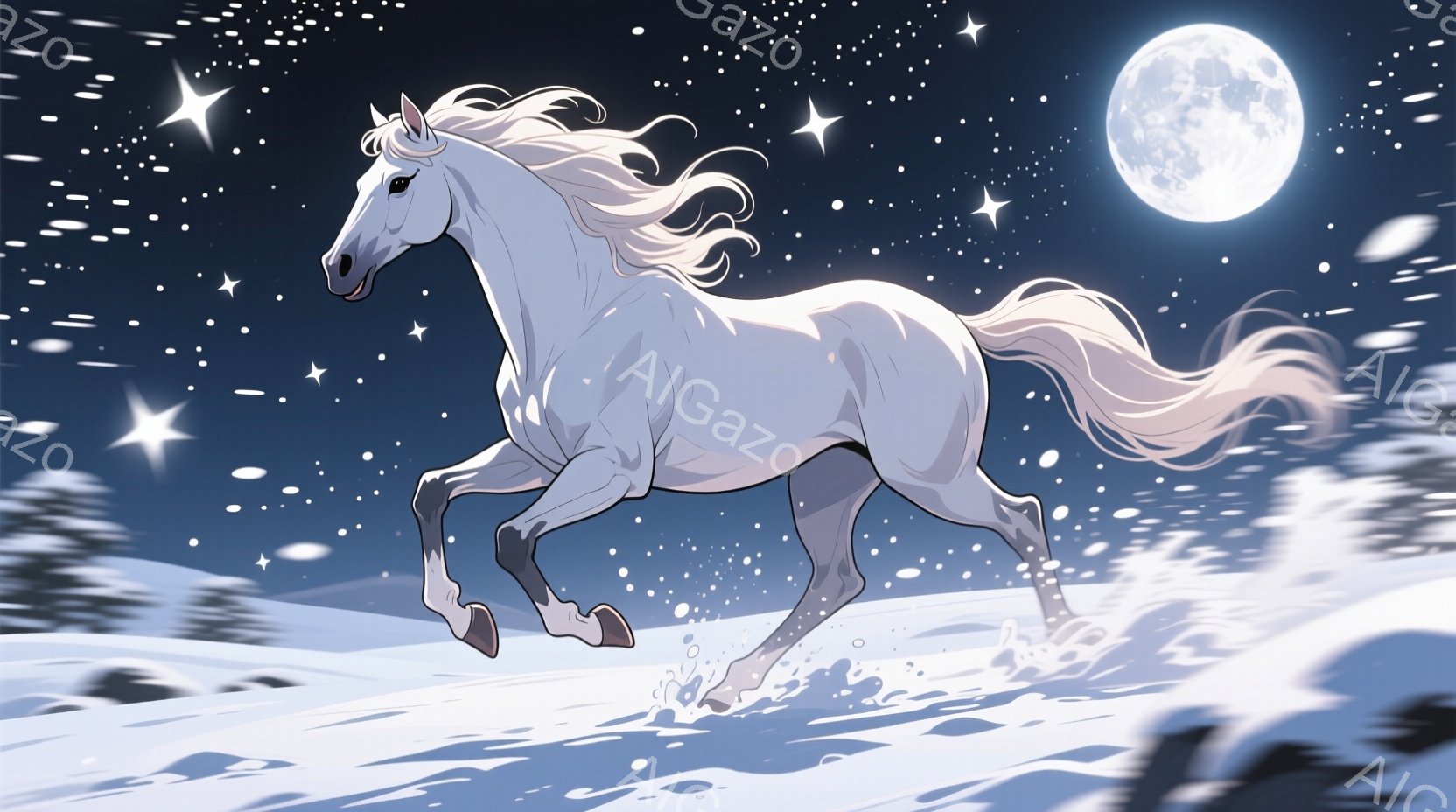 白い馬が雪原を疾走している姿が描かれている。月明かりの下、雪煙を上げながら力強く駆けるその姿は、まるで幻想的な物語の一場面のようだ。背景には星が輝き、冷たく美しい冬の夜の雰囲気を醸し出している。 - AI生成フリー素材