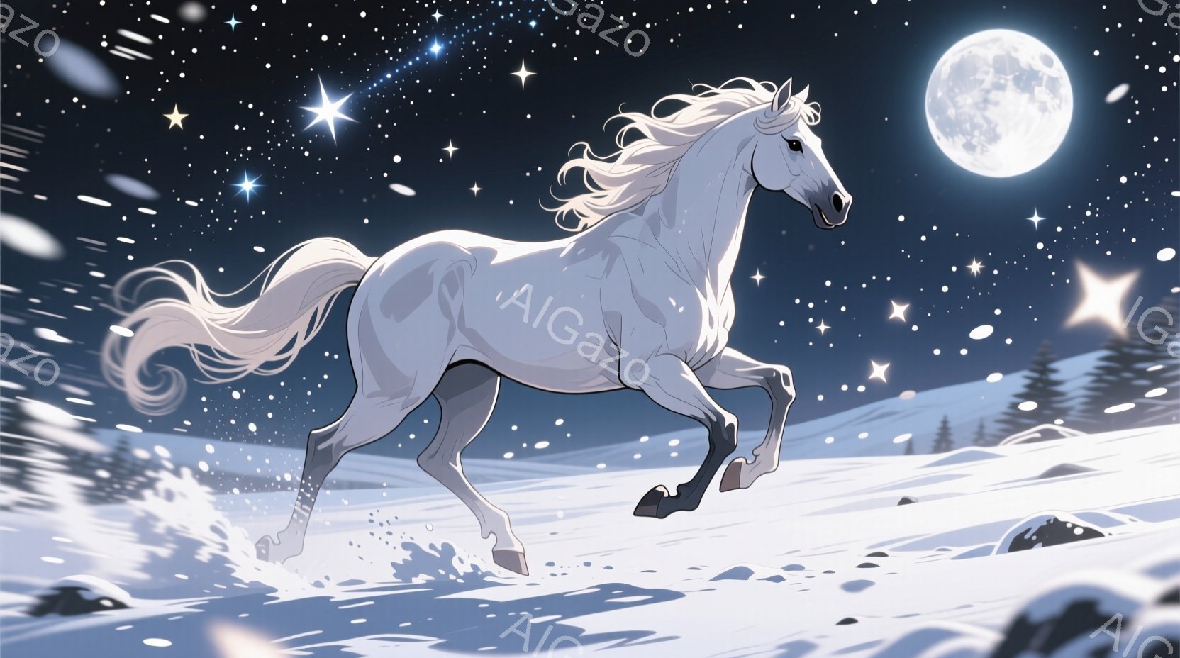 白い馬が雪原を力強く駆けている姿が描かれている。月明かりと星空が背景に広がり、雪が舞う幻想的な夜の風景を作り出している。馬のたてがみと尾は風になびき、疾走感と力強さを強調している。
