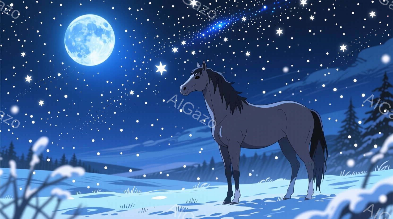 白い雪景色の中に、一頭の灰色っぽい馬が立っている。背景には暗い緑の針葉樹林と、月明かりに照らされた雪に覆われた丘が見え、夜空には無数の星と天の川が輝いている。全体的に静かで神秘的な雰囲気が漂い、冬の夜 - AI生成フリー素材