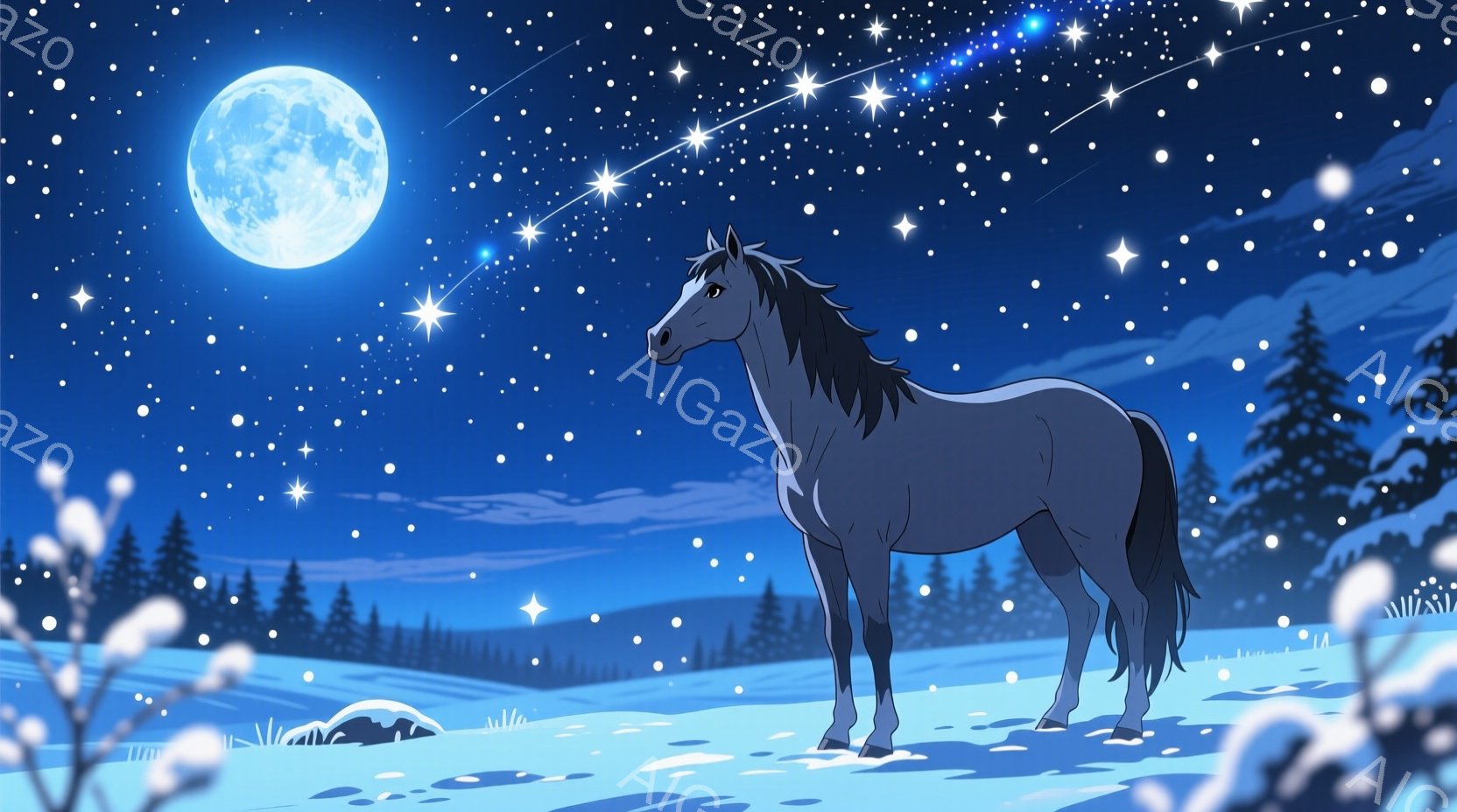 夜になるときに、馬が寂しそうに雪原の上に立っています。彼は白い毛で覆われており、着物はなく、髪は短く乱れたようです。彼は穏やかに立ち上がっており、表情は平和そして理解を示しています。 背景には雪が散ら - AI生成フリー素材