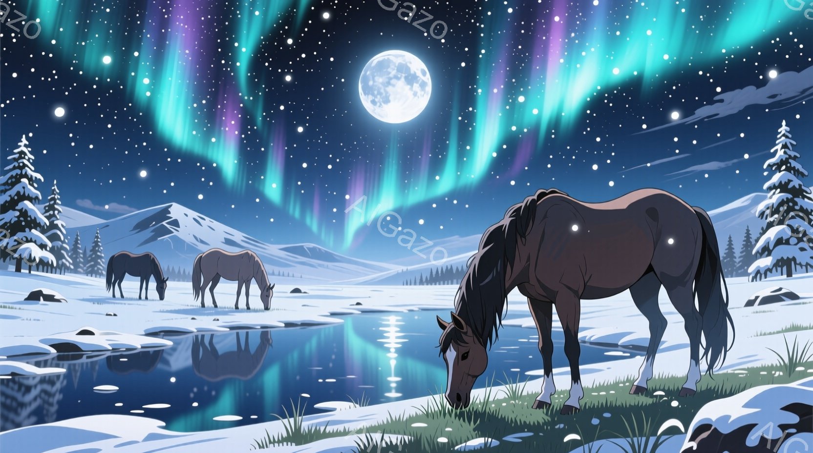雪景色の中に三頭の馬が描かれています。一番手前の馬は草を食んでおり、他の二頭は水辺で静かにたたずんでいます。背景には雪をまとった山々と、オーロラが広がる夜空が広がり、幻想的で静寂な雰囲気を醸し出してい - AI生成フリー素材