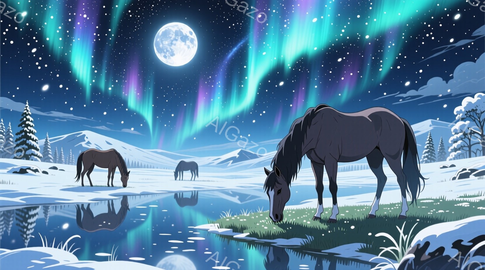 雪に覆われた草原に3頭の馬が描かれています。一番手前の馬は草を食み、他の2頭は静かに立っています。背景には雪山が連なり、オーロラが輝き、静かで幻想的な雰囲気を醸し出しています。