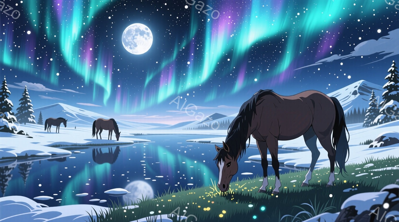雪に覆われた風景の中に3頭の馬が描かれています。一番手前の馬は草を食べており、他の2頭は水辺で静かに立っています。背景には山々が連なり、オーロラと満月が夜空を彩り、幻想的な雰囲気を醸し出しています。 - AI生成フリー素材