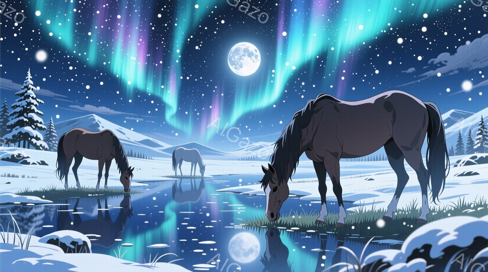 夜の雪景色の中に、三頭の馬が描かれています。馬たちは水辺で草を食んでおり、その姿が水面にきれいに映り込んでいます。背景には雪をまとった山々が連なり、オーロラと満月が幻想的な雰囲気を醸し出しています。 - AI生成フリー素材