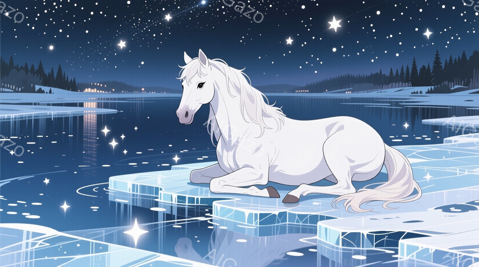 白い馬が凍った湖の氷の上に横たわっています。馬は優雅な姿勢で、長く白い鬣が風になびいています。背景には雪に覆われた森が広がり、夜空には星が輝き、幻想的な冬の雰囲気を醸し出しています。 - AI生成フリー素材