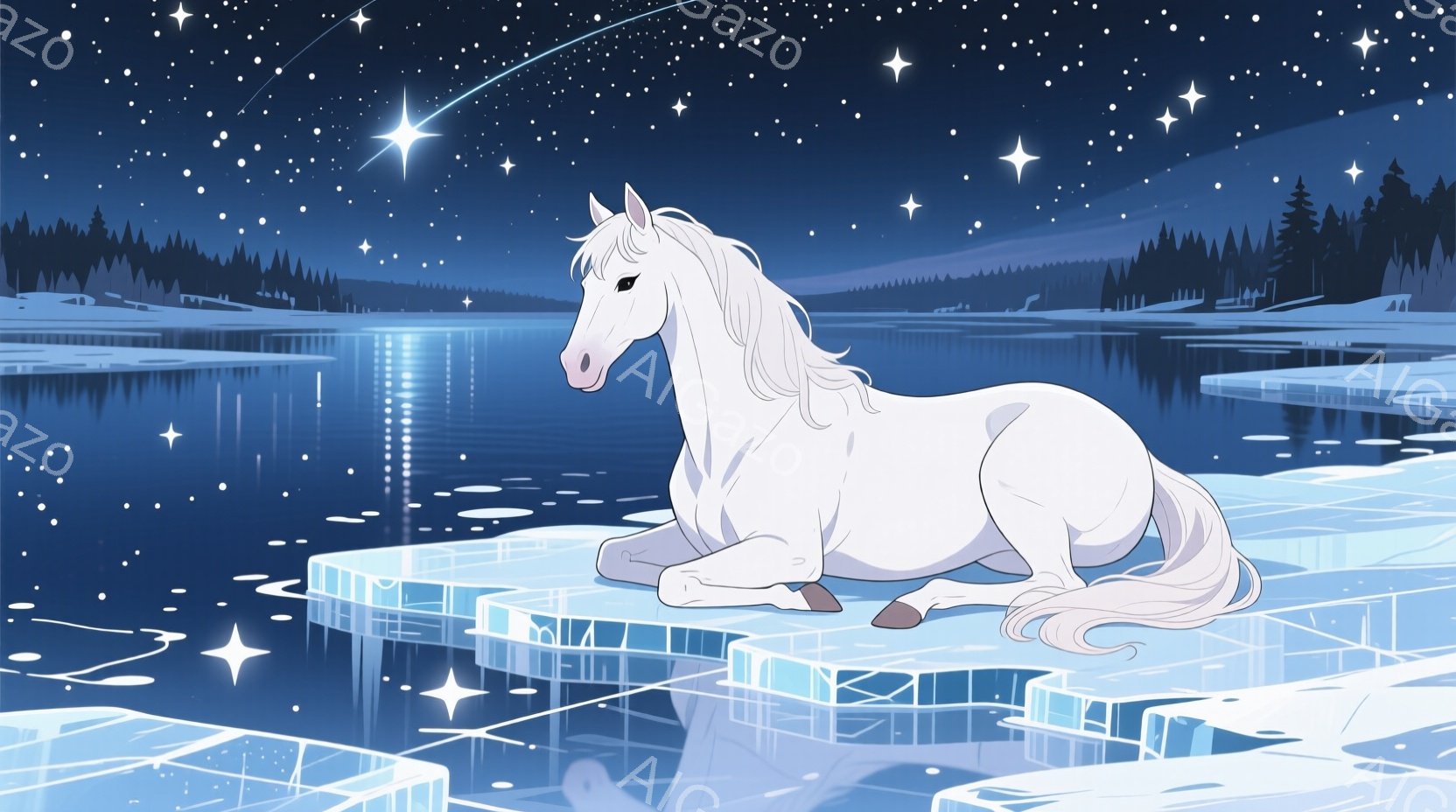 白い馬が凍った湖の氷の上に横たわっています。背景には雪に覆われた山々と暗い夜空が広がり、星と彗星が輝いています。 全体的に、静かで神秘的な冬の夜の雰囲気が漂っています。 - AI生成フリー素材
