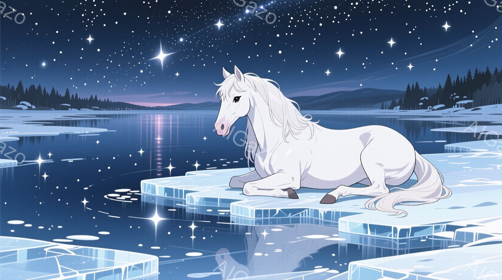 白い馬が凍った湖の氷の上に横たわっています。馬は美しいタテガミを持ち、穏やかな表情で遠くを見つめています。背景には雪に覆われた森林と、星が輝く夜空が広がっており、幻想的で静寂な雰囲気を醸し出しています - AI生成フリー素材