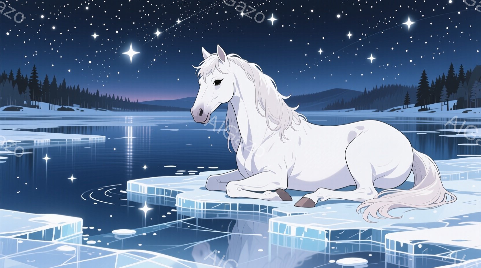 白い馬が凍った湖の上に横たわっています。馬は優雅な姿勢で、長いたてがみが湖面に触れています。背景には雪に覆われた森林と、星空が広がり、静かで幻想的な雰囲気が漂っています。 - AI生成フリー素材