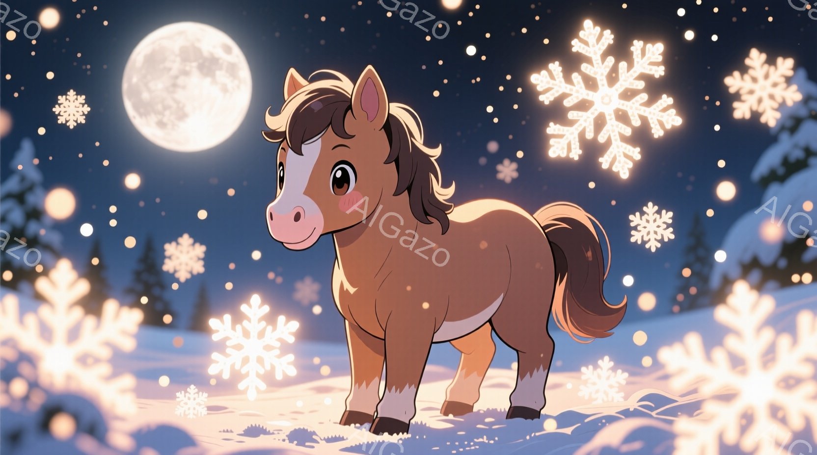 雪景色の中で立つ茶色の馬が描かれています。馬は黒い足飾りとたてがみ、そして優しい表情で、穏やかな夜の雰囲気を醸し出しています。背景には雪の舞う森と、大きく輝く満月が見え、幻想的な冬の夜を表現しています。
