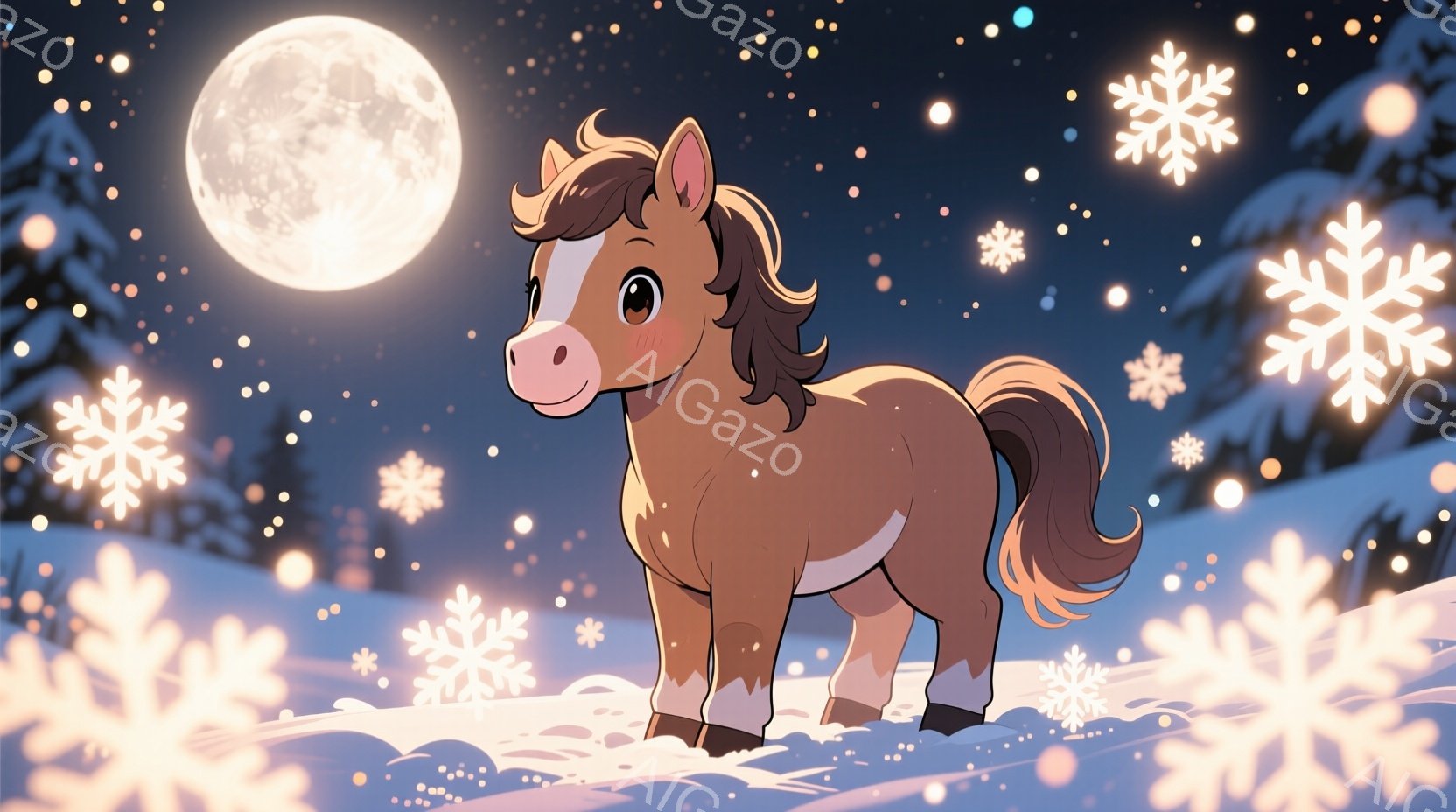 明るい茶色の馬が雪景色の中に立っています。その馬は茶色のたてがみと尾を持っており、少し微笑んでいるように見えます。背景には雪の降る森と、丸く光る満月があり、幻想的な冬の雰囲気を醸し出しています。