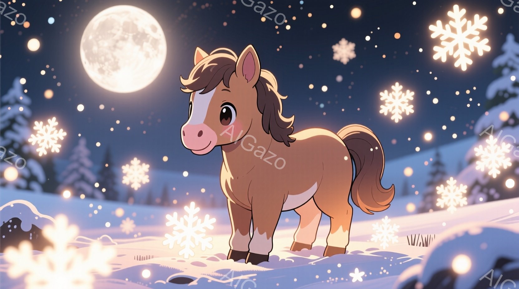 明るい茶色の毛並みの馬が雪景色の中に立っています。馬は前足を少し引きずり、穏やかな表情でこちらを見つめています。背景には暗い緑色の針葉樹林と、夜空に輝く満月、そして舞い散る雪片が描かれ、静かで幻想的な - AI生成フリー素材
