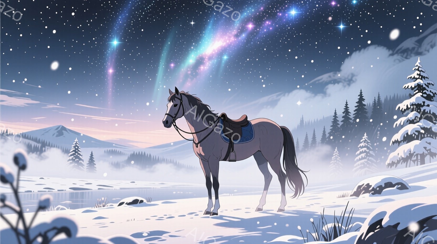 白い馬が雪景色の中に静かに立っている。背景には、雪をまとった山々と暗い空に輝くオーロラが広がり、幻想的な雰囲気を醸し出している。遠くには、凍った湖や針葉樹林が見られ、寒々とした冬の景色が広がっている。