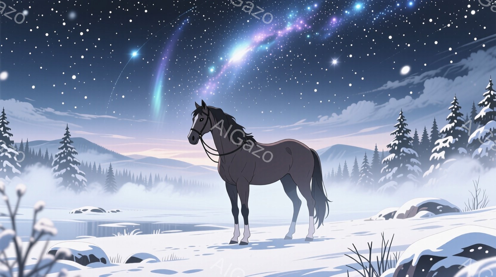 雪に覆われた野原に、黒い馬が静かに立っている。背景には雪化粧した山々と、夜空に輝くオーロラのような光の帯が広がり、幻想的な雰囲気を醸し出している。馬は凛とした姿勢で、冬の寒さの中、静かにたたずんでいる - AI生成フリー素材