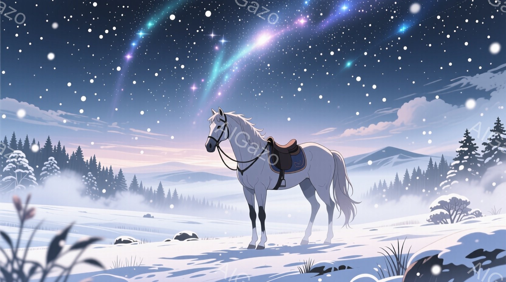 白い馬が雪原に静かに立っており、鞍が背中に乗せられている。背景には雪に覆われた森林と、淡いピンクと紫のオーロラが夜空を彩っている。全体的に幻想的で静謐な雰囲気であり、冬の夜の神秘的な光景が表現されている。