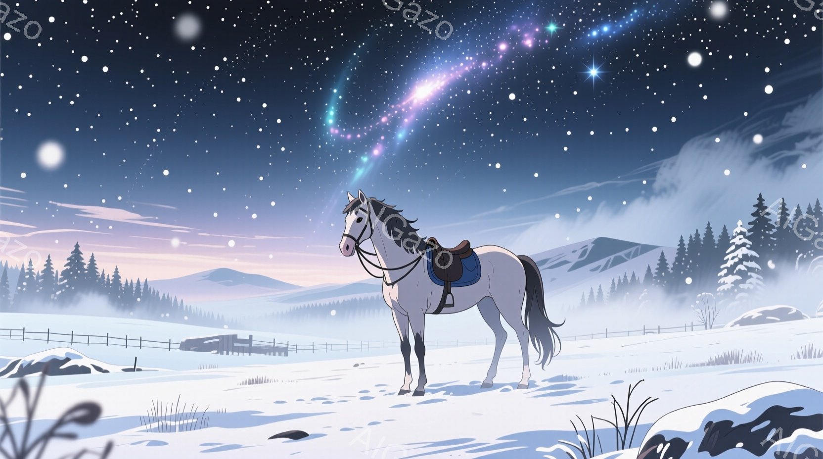 白い馬が雪景色の中に佇んでいます。馬には鞍が乗っており、遠くには雪を頂いた山々と針葉樹林が広がっています。空には幻想的な銀河が輝き、静寂で神秘的な雰囲気を醸し出しています。 - AI生成フリー素材