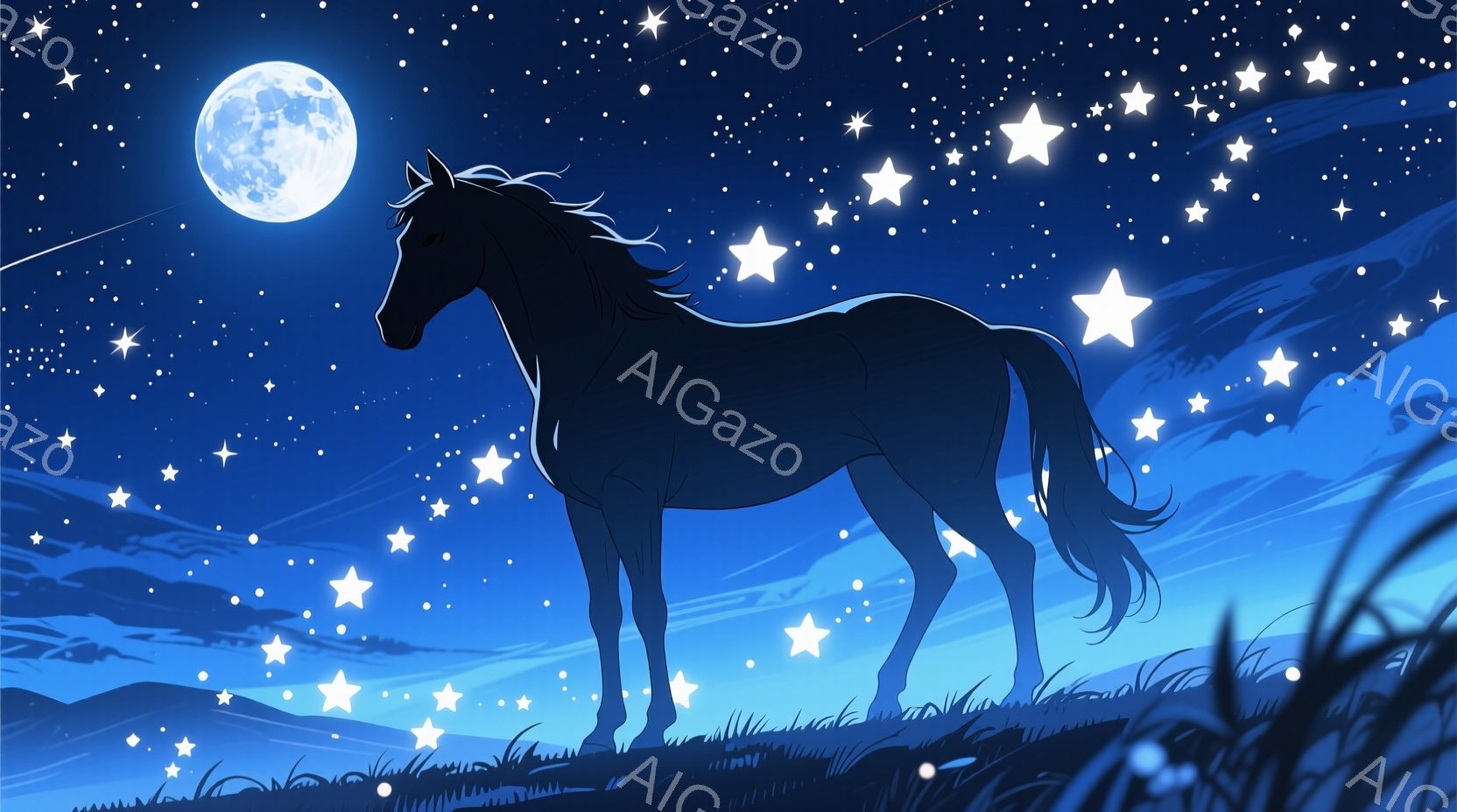 深い青色の夜空を背景に、シルエットで描かれた黒い馬が草原に立っている。満月が空高く輝き、周囲には無数の星が散りばめられている。馬は静かに佇み、草原の草が風にそよぐ様子が描かれ、幻想的で穏やかな雰囲気を - AI生成フリー素材