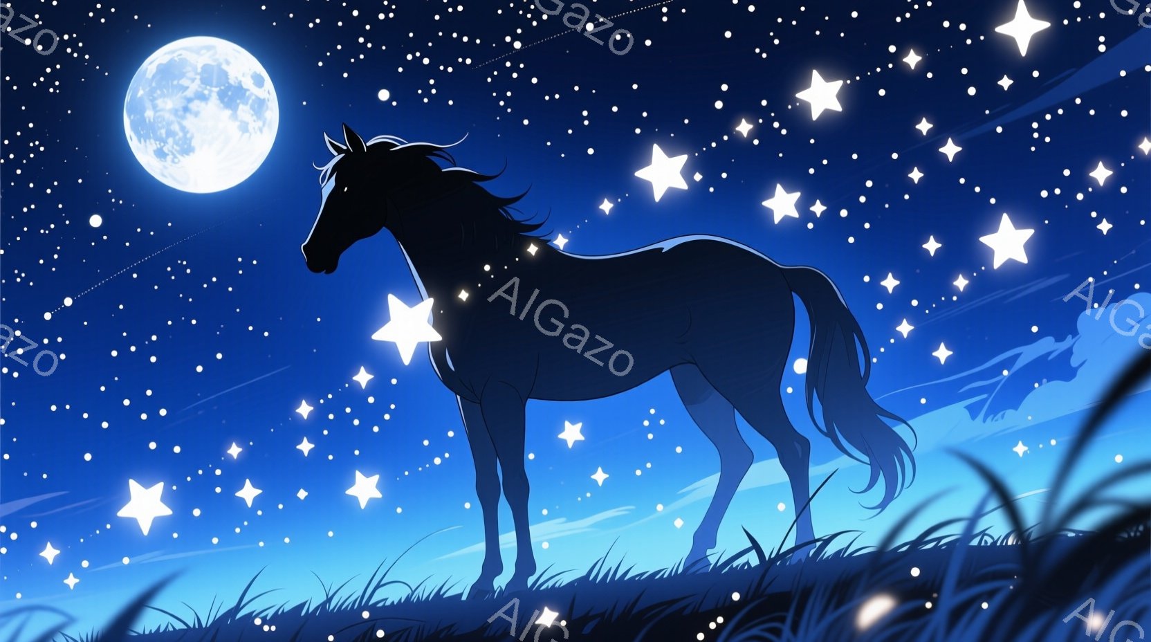 夜空を背景に、シルエットで描かれた黒い馬が丘の上に立っている。満月と無数の星が夜空を彩り、馬の周囲には草が生い茂っている。全体的に幻想的で静謐な雰囲気が漂い、夜の自然の美しさを際立たせている。 - AI生成フリー素材