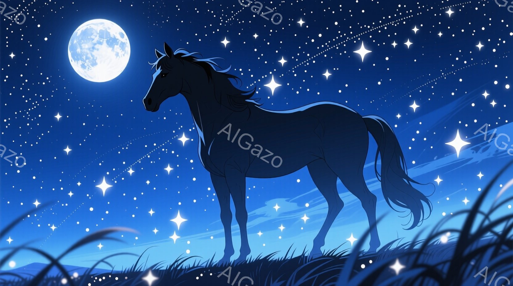 深い藍色の夜空を背景に、シルエットで描かれた黒馬が丘の上に立っている。満月が輝き、周囲には無数の星が散りばめられ、草原には青々とした草が生い茂っている。静寂で幻想的な雰囲気であり、馬は夜空を見上げてい - AI生成フリー素材