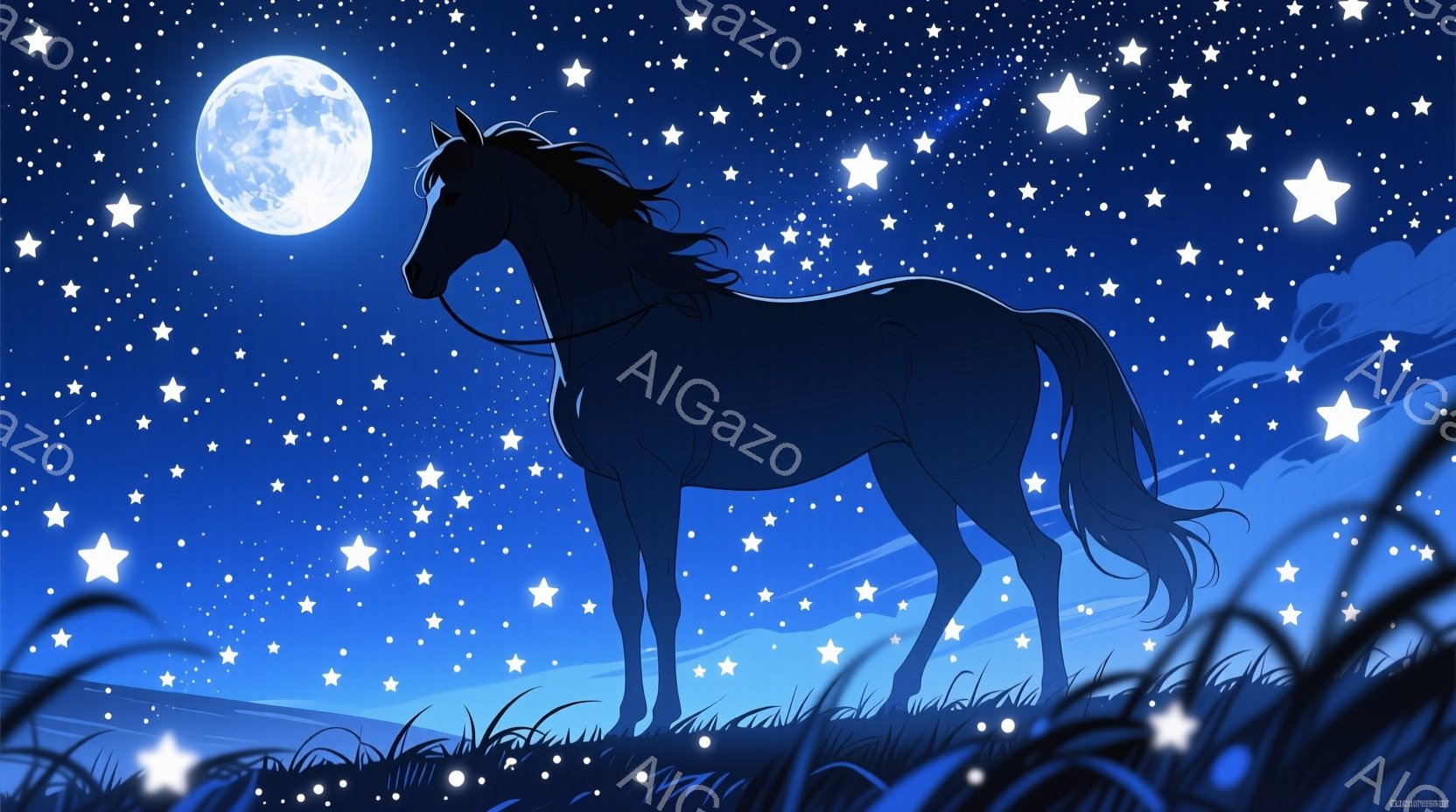 深い青色の背景に、シルエットで描かれた黒い馬が草原に立っている。満月が馬の後方から強く光り、周囲には無数の星が輝いている。 全体的に幻想的で神秘的な雰囲気を醸し出しており、夜空と馬のシルエットが美しい - AI生成フリー素材