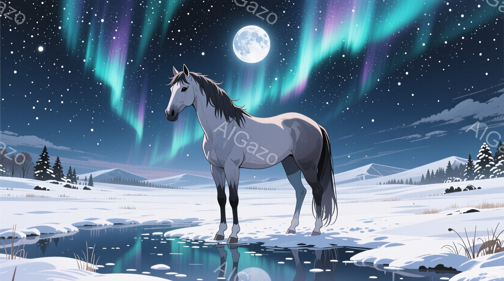 白い馬が雪景色の中に佇み、水面にその姿を映し出しています。背景には、針葉樹の森と遠くの山々が広がり、オーロラと満月が幻想的な光を放っています。静かで穏やかな雰囲気で、冬の夜の神秘的な美しさを表現しています。