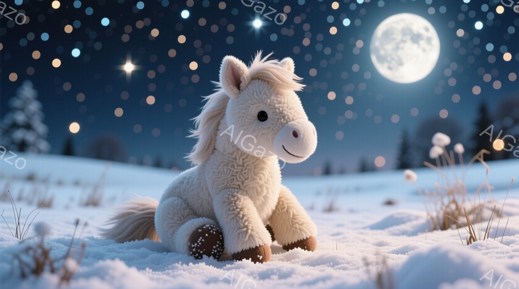 白い毛並みの小さな馬が雪景色の中に座っている。夜空には満月が輝き、周囲には星が散りばめられている。雪原には、少しだけ顔を出す枯れ草が生えており、背景には暗い森が見える、静かで幻想的な雰囲気だ。 - AI生成フリー素材