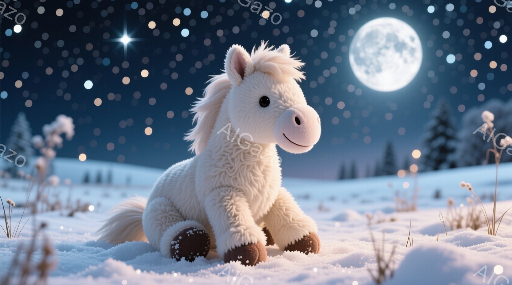 白い毛並みの愛らしい子馬が雪景色の中に座っています。背景には、月明かりが照らす冬の森が広がり、あたりは穏やかな雪が降っています。全体的に、幻想的で温かい雰囲気を醸し出しており、雪景色と子馬のコントラストが印象的です。