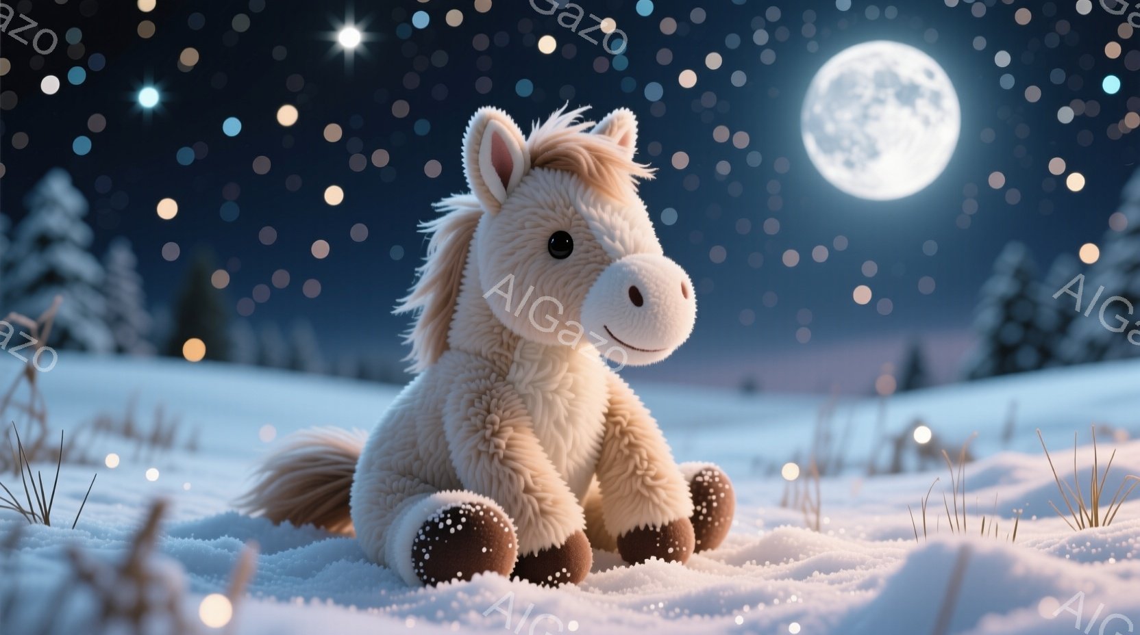 白い雪景色の中に、クリーム色の毛並みを持つぬいぐるみのような仔馬が座っています。仔馬は優しい表情で、少し前を見つめており、冬の夜空と雪原に穏やかな雰囲気を添えています。背景には、遠くの暗い木々と明るい満月、そして夜空に散りばめられた星々が幻想的な風景を作り出しています。