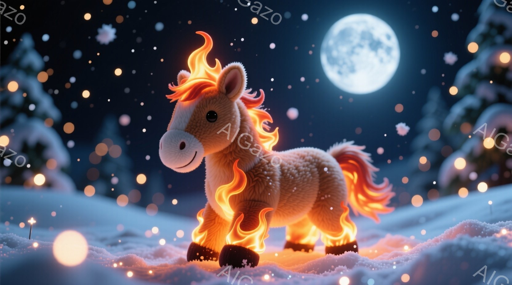 ふわふわとしたクリーム色の馬が雪景色の中に立っており、足元とたてがみ、尾が炎のように燃え上がっている。背景にはぼんやりとした森林と、明るく輝く満月が夜空に浮かんでいる。全体的に暖かく幻想的な雰囲気を醸し出しており、冬の夜の魔法のような光景が目に浮かぶ。