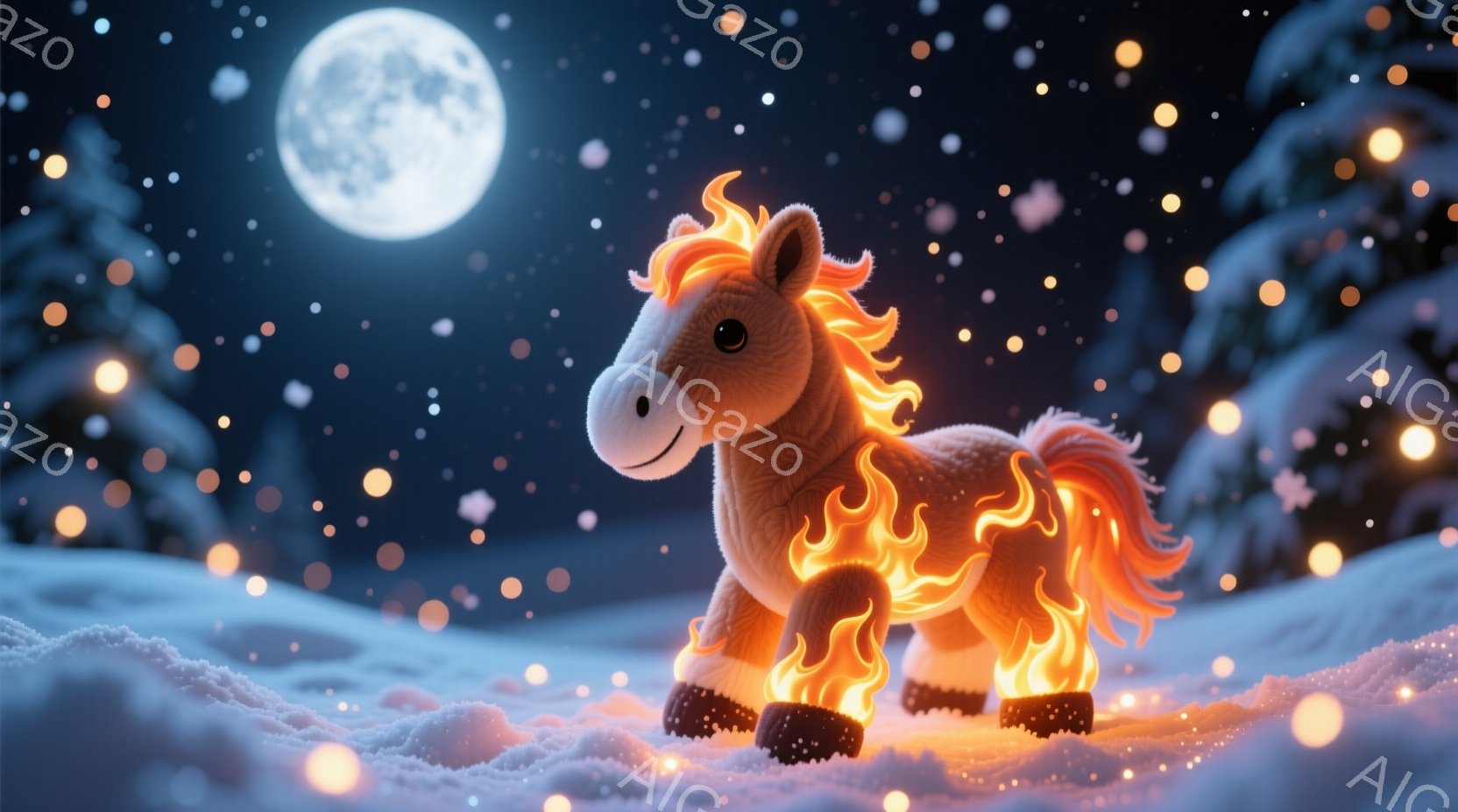 雪景色の中に、炎をまとったユニコーンのような動物が立っている。その体は暖色系の毛並みで覆われ、足元からは炎が燃え盛っている。背景には深い森と、ぼんやりとした月が輝き、幻想的な雰囲気を醸し出している。 - AI生成フリー素材