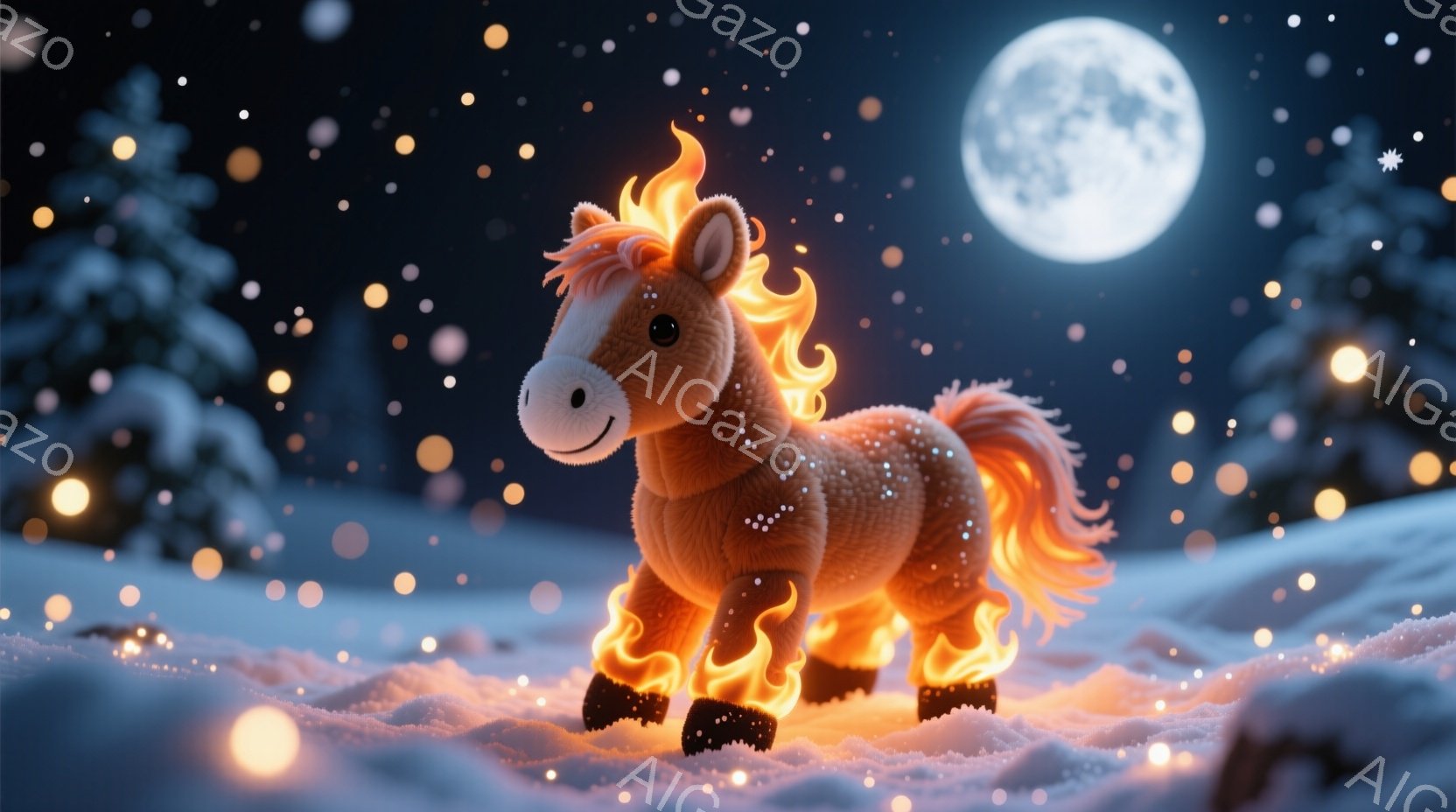 雪景色の中に、炎のような鬣と足を持つ、可愛らしいオレンジ色の馬が立っています。馬は穏やかな表情で、まるで光を放っているかのように暖かく輝き、周りの雪とコントラストをなしています。背景にはぼやけた木々と - AI生成フリー素材